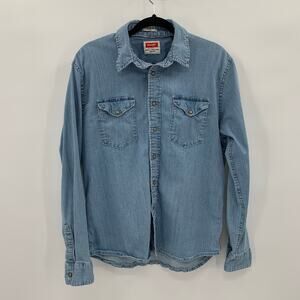 Wrangler Indigo Mens Large Shirt Pearl Snap Blue Denim Western Cowboy Rodeo Work